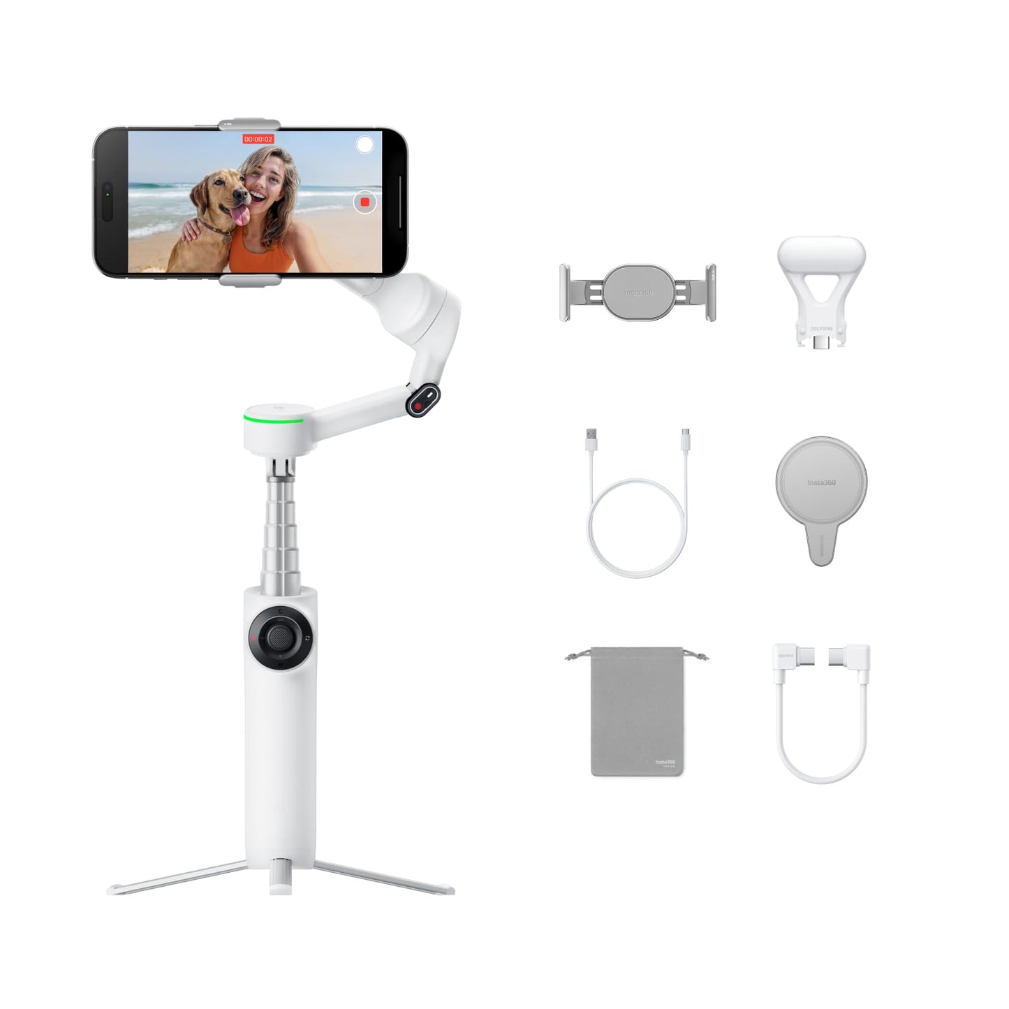 Insta360 Flow 2 Pro Creator Bundle Grey - Foldable AI Phone Gimbal, Apple DockKit, 360º Pan Tracking, Free Tilt Mode, Built-in Tripod/Selfie Stick, Portable Vlog/Travel Stabilizer, Spotlight, MagSafe