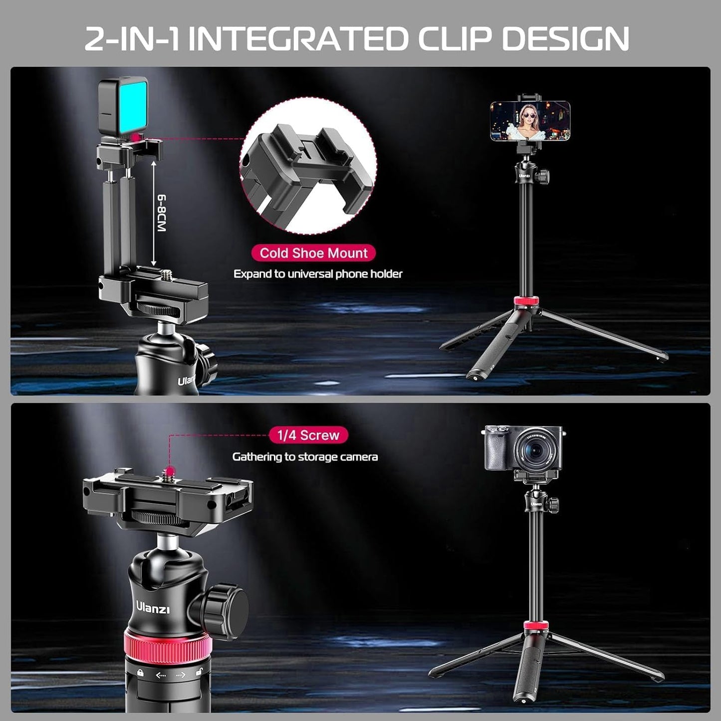 ULANZI MT-44 Extendable Phone Tripod, 59" Selfie Stick Vlog Stand with 2 in 1 Phone Clip, 360° Ball Head Camera Tripod for iPhone Sony Canon DJI Osmo Action Camera, Lightweight for Travel
