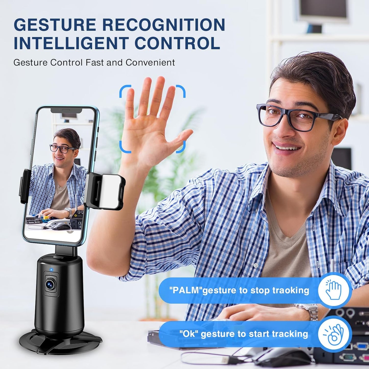 Auto Face Tracking Tripod 360° Rotating Cell Phone Photo and Video Kits Stand, No App, Camera Stand with Remote and Gesture Control, Rechargeable Smart Shooting Stand for Live Recording Tiktok(Black)